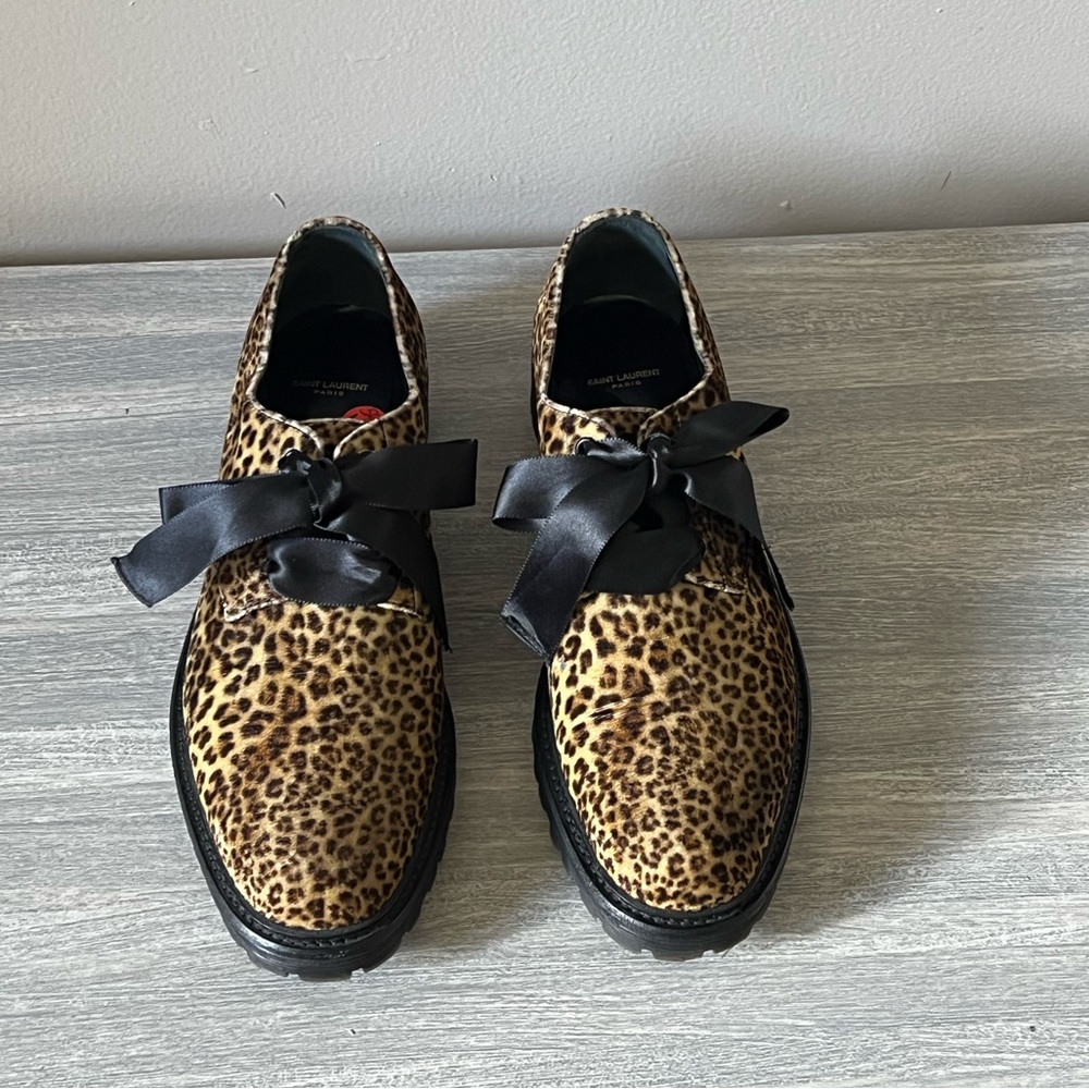 NEW SAINT LAURENT TRENDY LEOPARD PRINT CHUNKY RUBBER SOLES LACE UP OXFORD SHOES